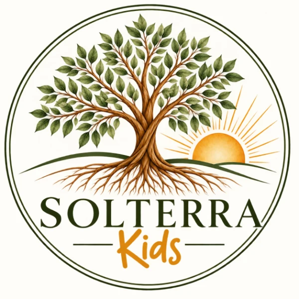 Solterra Kids emblem: a rooted tree with a rising sun